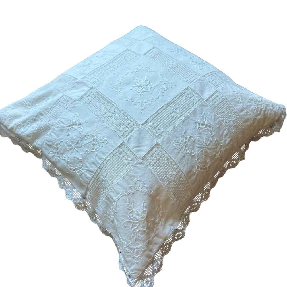 Embroidered White Lace Pillow Cover 15x15 Square Vintage Cottagecore